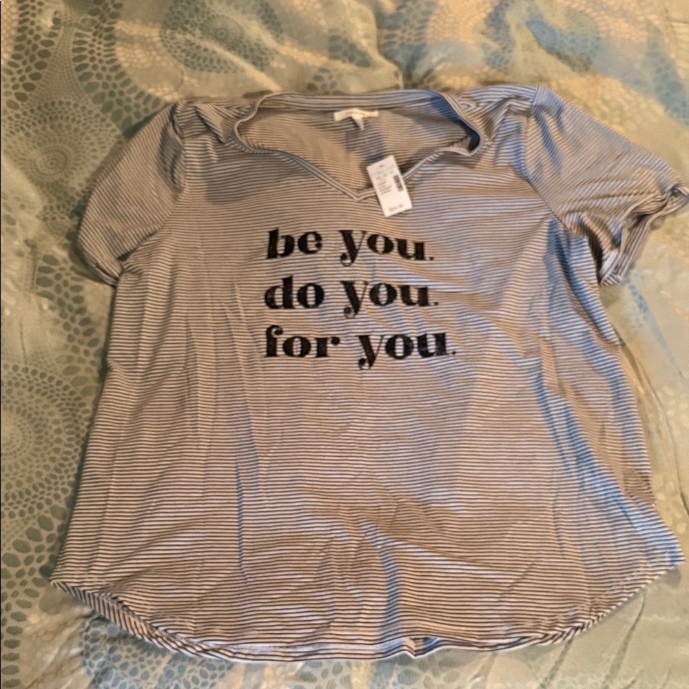 Maurices Gray and White Striped Tee with Motivational Text